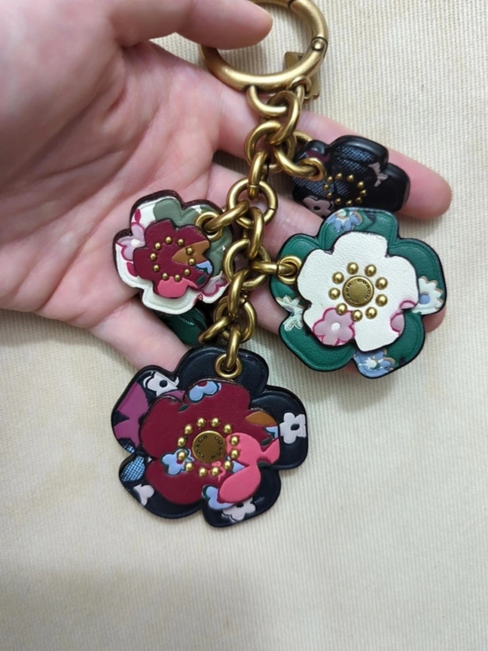 Coach Tea Rose Multicolor Leather Floral Bag Charm Keychain Brass Hardware EUC - Picture 2 of 5